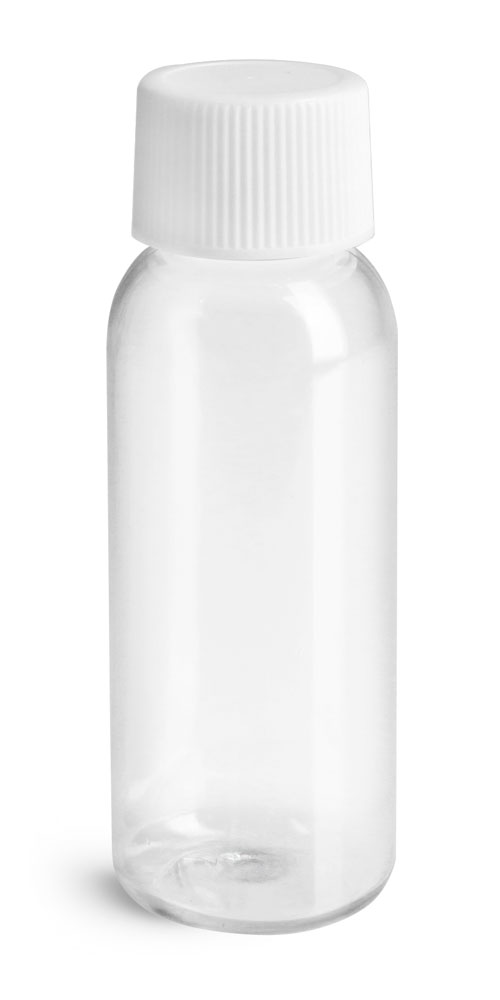 1 oz w/ White Ribbed Cap Clear PET Cosmo Round, Amenity Bottles with Caps
