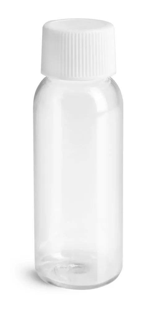 1 oz w/ White Ribbed Cap Clear PET Cosmo Round, Amenity Bottles with Caps