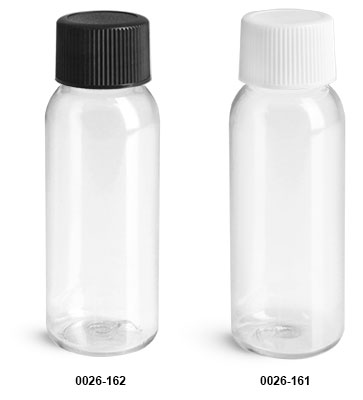 Plastic Bottles, 1 oz Clear PET Cosmo Round, Amenity Bottles with Caps