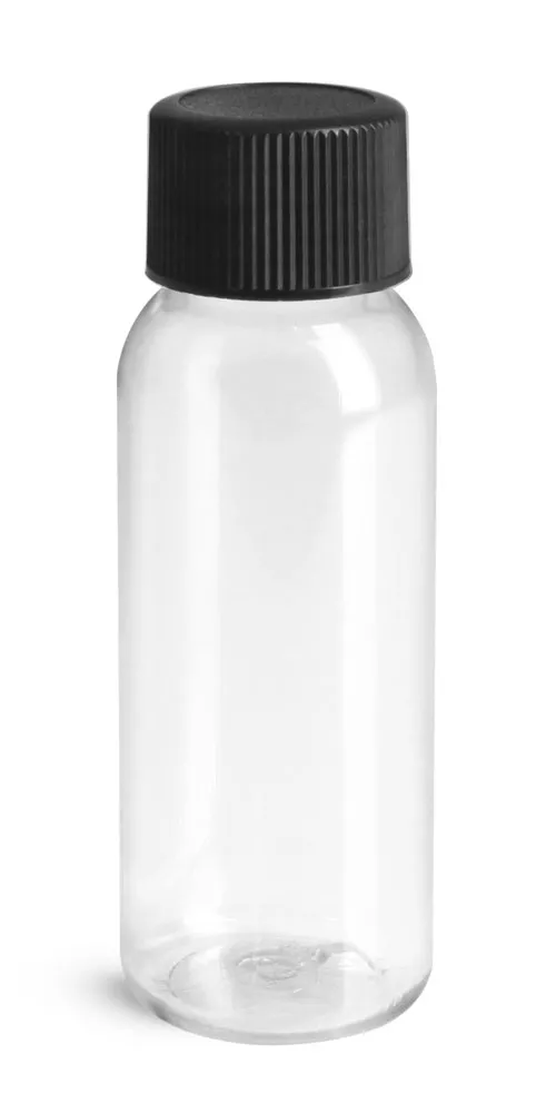 1 oz w/ Black Ribbed Cap Clear PET Cosmo Round, Amenity Bottles with Caps
