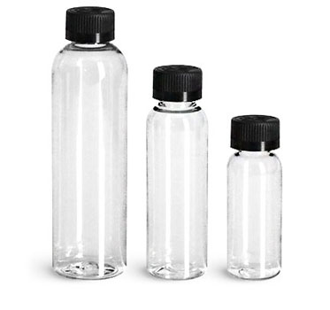 Plastic Bottles, Clear PET Cosmo Round Bottles w/ Black Child Resistant Caps