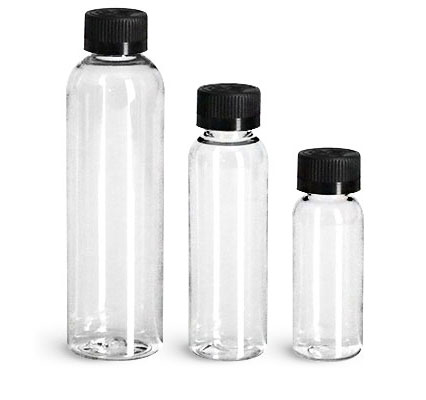 Clear PET Cosmo Round Bottles w/ Black Child Resistant Caps