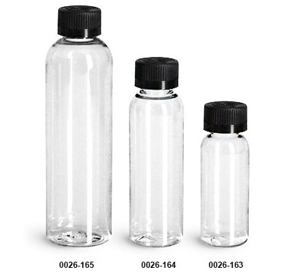 Plastic Bottles, Clear PET Cosmo Round Bottles w/ Black Child Resistant Caps
