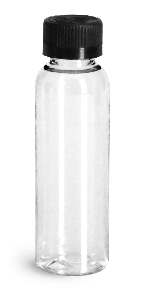2 oz Plastic Bottles, Clear PET Cosmo Round Bottles w/ Black Child Resistant Caps