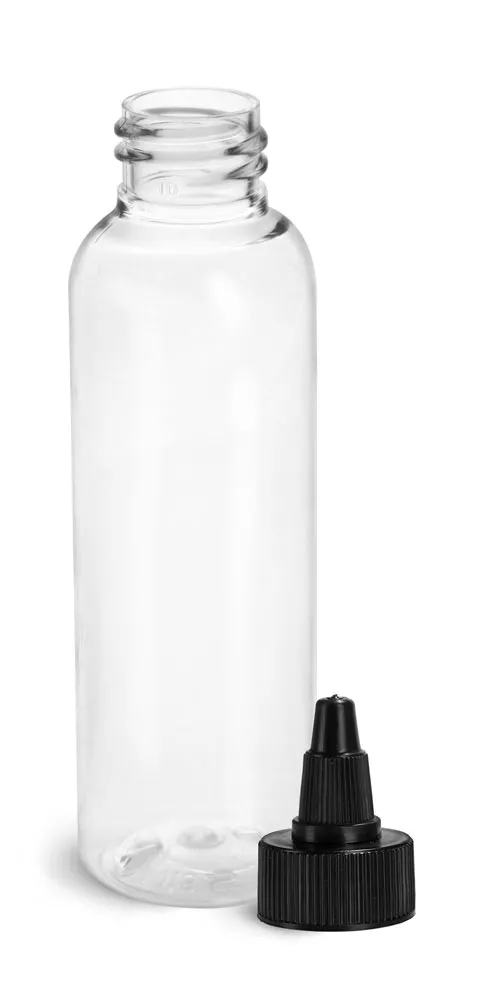 2 oz Plastic Bottles, Clear PET Cosmo Rounds w/ Black Induction Lined Twist Top Caps