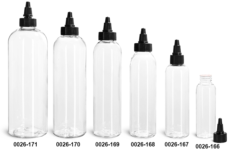 Plastic Bottles, Clear PET Cosmo Round Bottles w/ Black Induction Lined Twist Top Caps