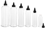 PET Plastic Bottles, Clear Cosmo Round Bottles w/ Black Induction Lined Twist Top Caps