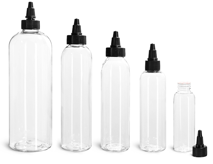 16 oz Plastic Bottles, Clear PET Cosmo Rounds w/ Black Induction Lined Twist Top Caps