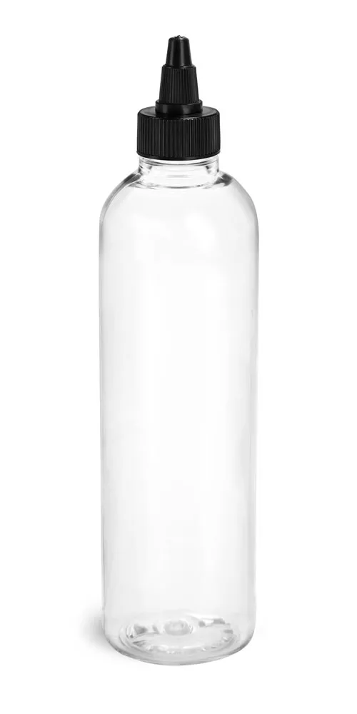 4 oz Plastic Bottles, Clear PET Cosmo Rounds w/ Black Induction Lined Twist Top Caps