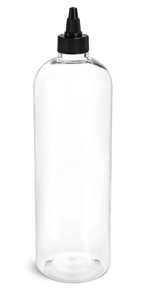 16 oz Plastic Bottles, Clear PET Cosmo Rounds w/ Black Induction Lined Twist Top Caps