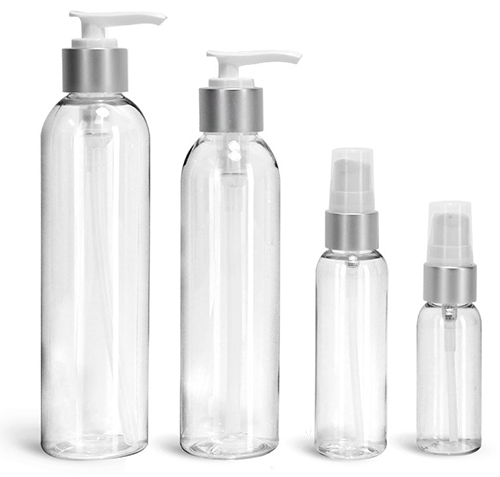 Plastic Bottles, Clear PET Cosmo Round Bottles w/ White Lotion Pumps W/ Brushed Aluminum Collars