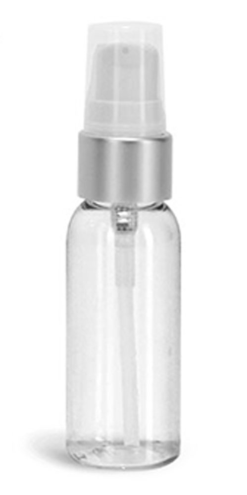 1 oz PET Plastic Bottles, Clear Cosmo Round Bottles w/ White Brushed Aluminum Lotion Pumps