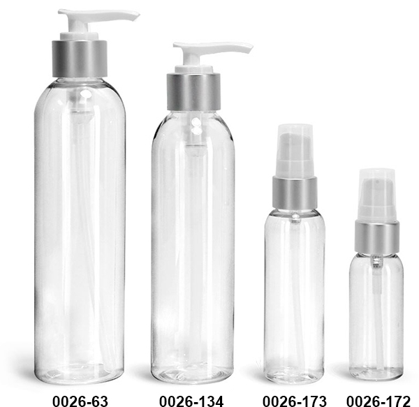 Plastic Bottles, Clear PET Cosmo Round Bottles w/ White Lotion Pumps W/ Brushed Aluminum Collars