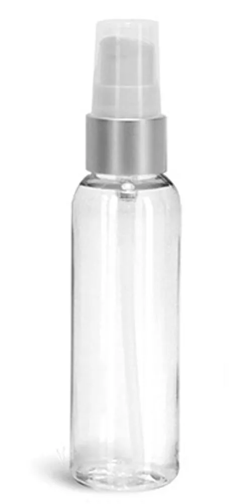 2 oz PET Plastic Bottles, Clear Cosmo Round Bottles w/ White Brushed Aluminum Lotion Pumps
