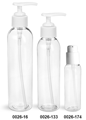 Plastic Bottles, Clear PET Cosmo Round Bottles w/ White Pumps