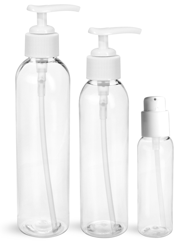 PET Plastic Bottles, Clear Cosmo Round Bottles w/ White Pumps