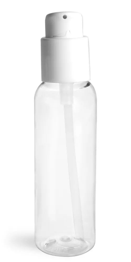2 oz  Clear PET Cosmo Round Bottles w/ White Treatment Pumps