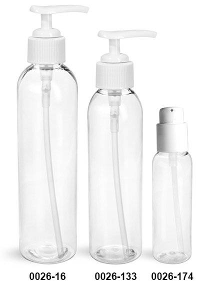 Plastic Bottles, Clear PET Cosmo Round Bottles w/ White Pumps