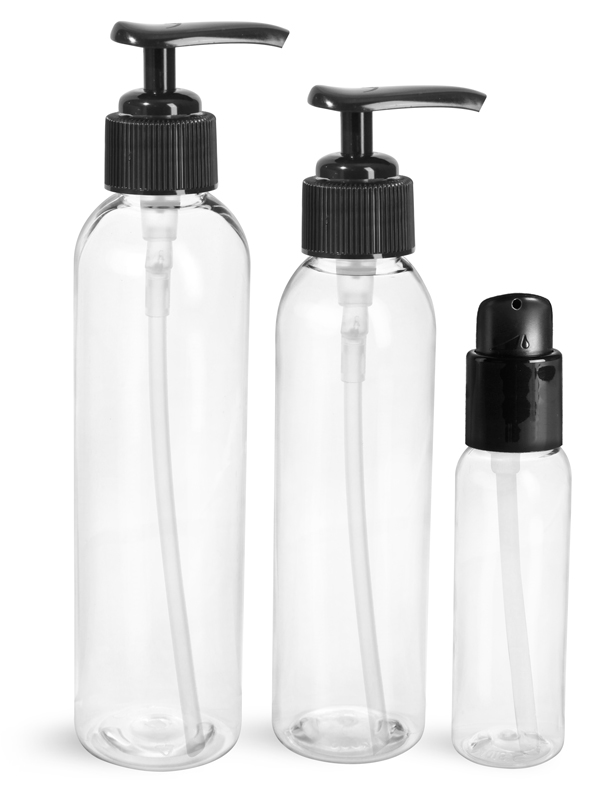 PET Plastic Bottles, Clear Cosmo Round Bottles w/ Black Lotion Pumps & Treatment Pumps