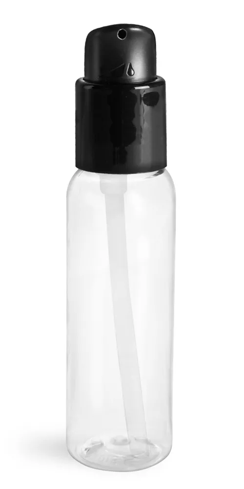 2 oz Clear PET Cosmo Round Bottles w/ Black Treatment Pumps