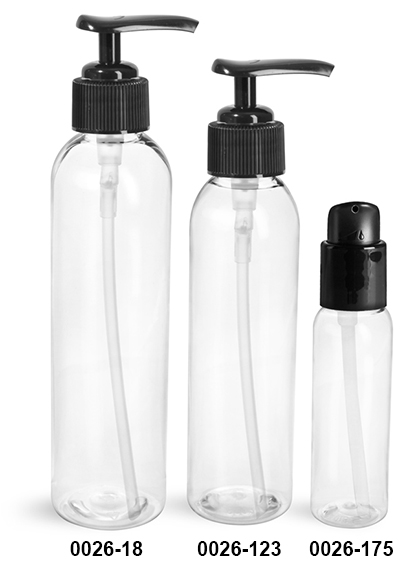 Plastic Bottles, Clear PET Cosmo Round Bottles w/ Black Lotion Pumps & Treatment Pumps