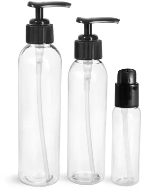 PET Clear Cosmo Round Bottles w/ Black Lotion Pumps & Treatment Pumps