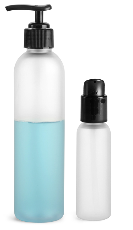 PET Plastic Bottles, Frosted Cosmo Round Bottles w/ Black Pumps