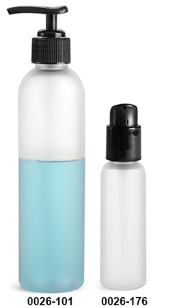 Plastic Bottles, Frosted PET Cosmo Round Bottles w/ Black Pumps