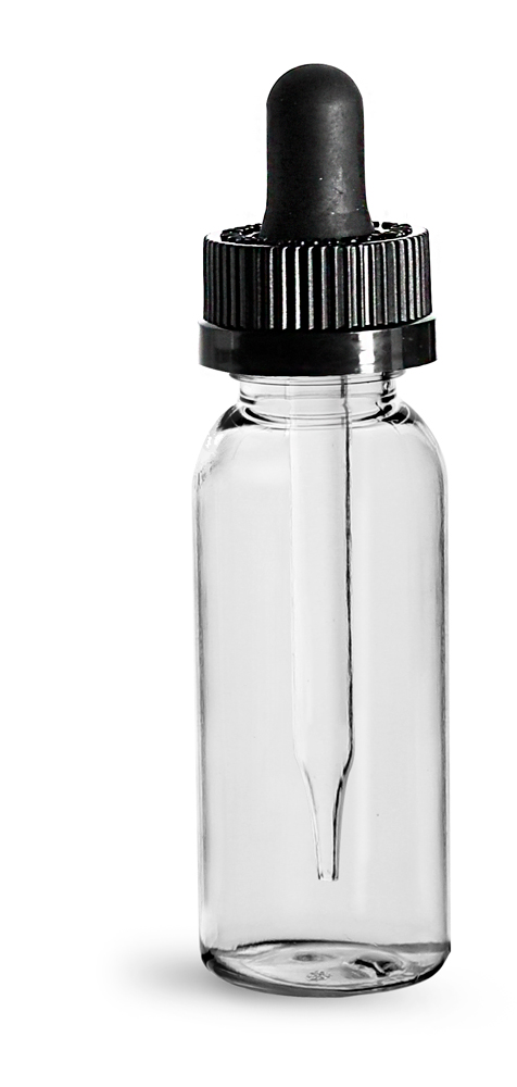 1 oz Plastic Bottles, Clear PET Cosmo Round Bottles w/ Black Child Resistant Droppers
