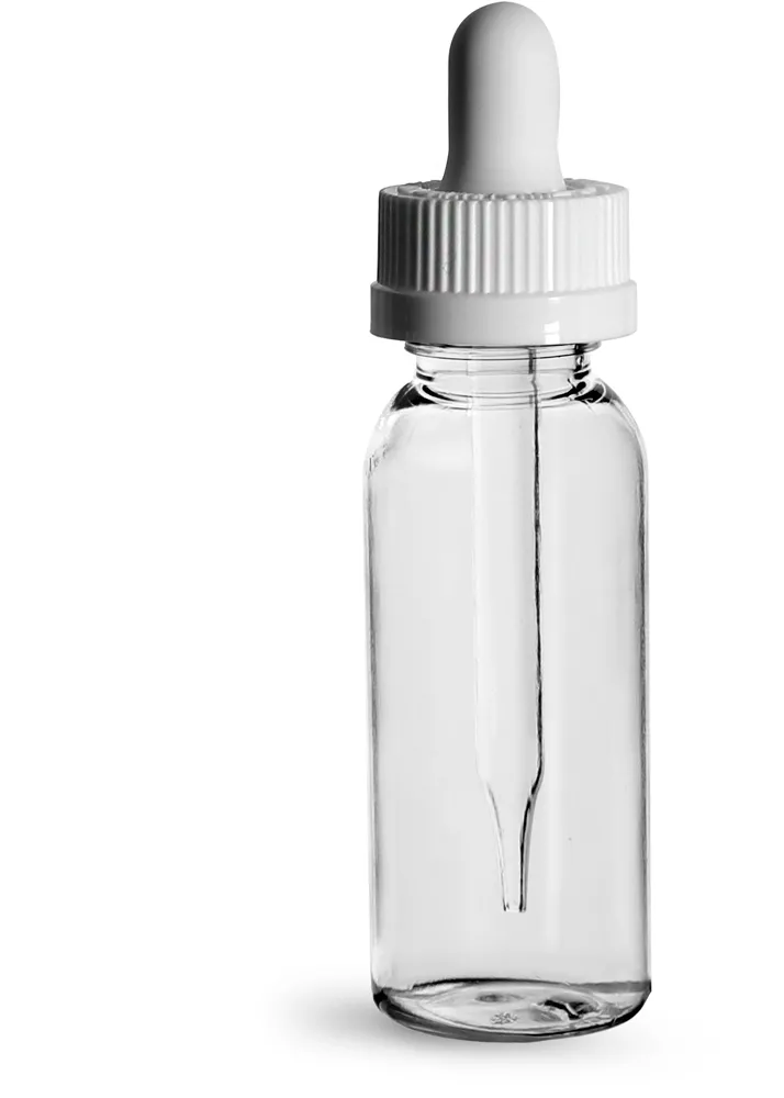 1 oz Plastic Bottles, Clear PET Cosmo Round Bottles w/ White Child Resistant Droppers
