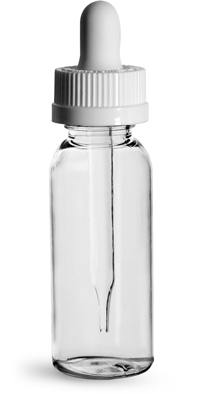 1 oz  Plastic Bottles, Clear PET Cosmo Round Bottles w/ White Child Resistant Droppers
