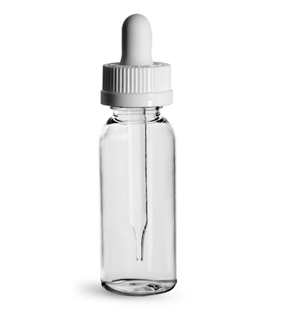 Plastic Bottles, 1 oz Clear PET Cosmo Round Bottles w/ White Child Resistant Droppers