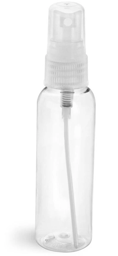 2 oz  Clear PET Cosmo Round Bottles w/ Natural Fine Mist Sprayers