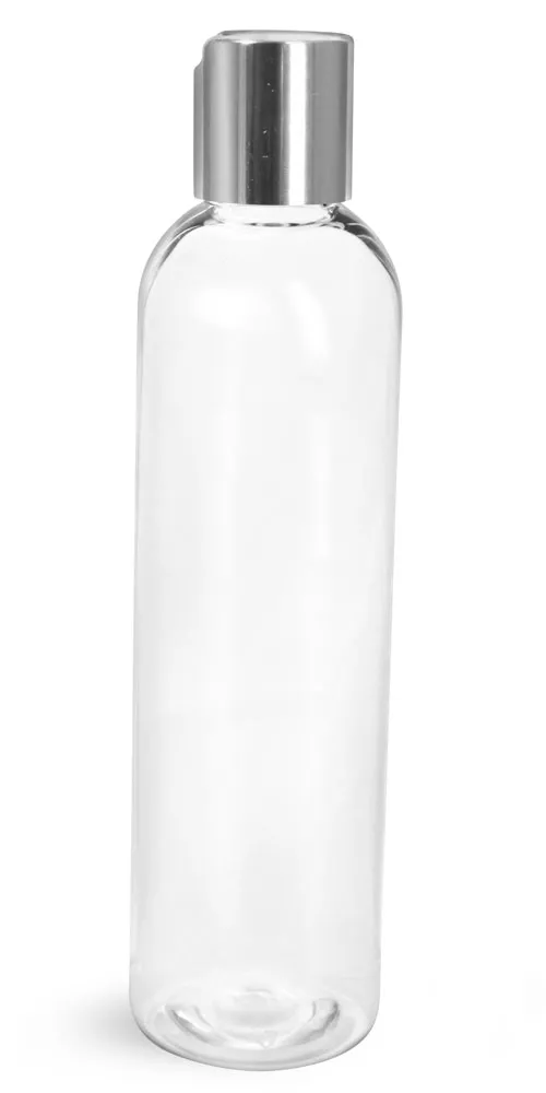 8 oz Clear PET Cosmo Round Bottles w/ Smooth Silver Disc Top Caps