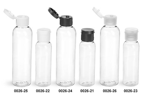 Plastic Bottles, Clear PET Cosmo Round Bottles w/ Black, White Or Natural Ribbed Snap Caps