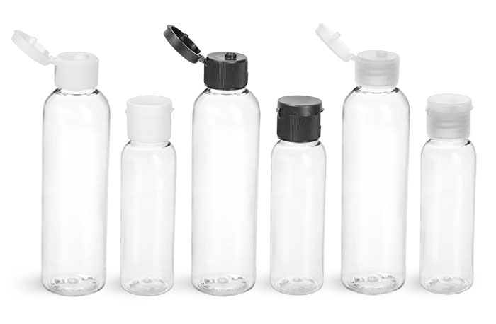 PET Plastic Bottles, Clear Cosmo Round Bottles with Ribbed Caps