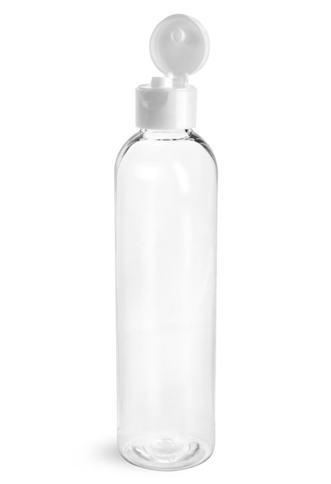PET Plastic Bottles, Clear Cosmo Round Bottles w/ with White Smooth Snap Top Caps