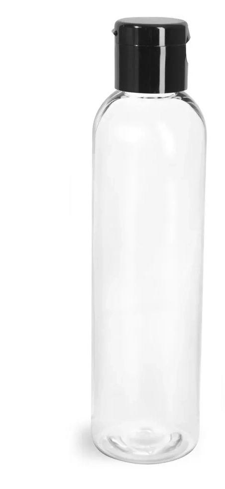 PET Plastic Bottles, Clear Cosmo Round Bottles w/ Black Smooth Snap Caps