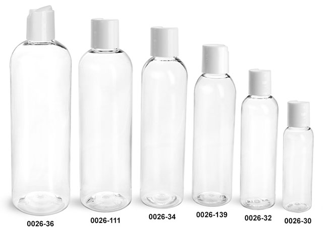 Plastic Bottles, Clear PET Cosmo Round Bottles With Smooth White Disc Top Caps