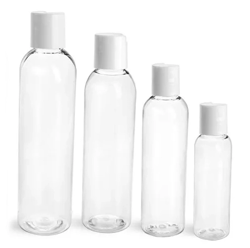 PET  Clear Cosmo Round Bottles w/ Smooth White Disc Top Caps