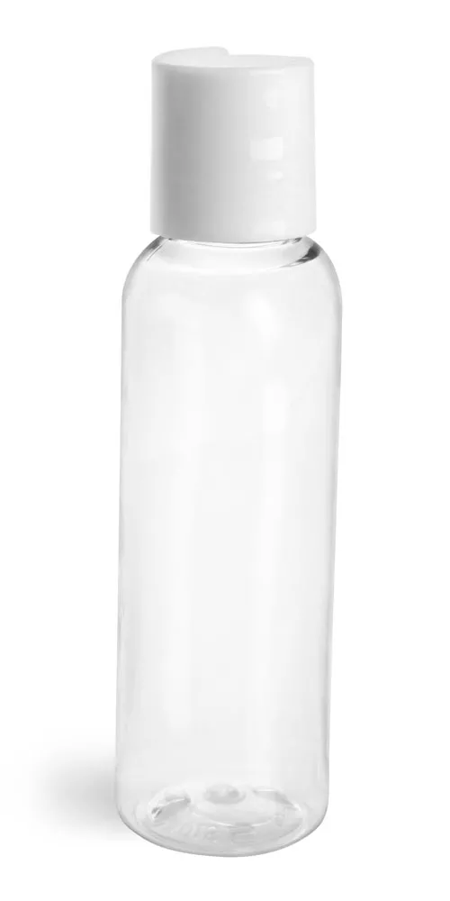 2 oz Clear PET Cosmo Round Bottles w/ Smooth White Disc Top Caps