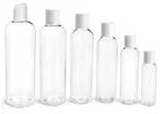 Clear PET Cosmo Round Bottles w/ Smooth White Disc Top Caps