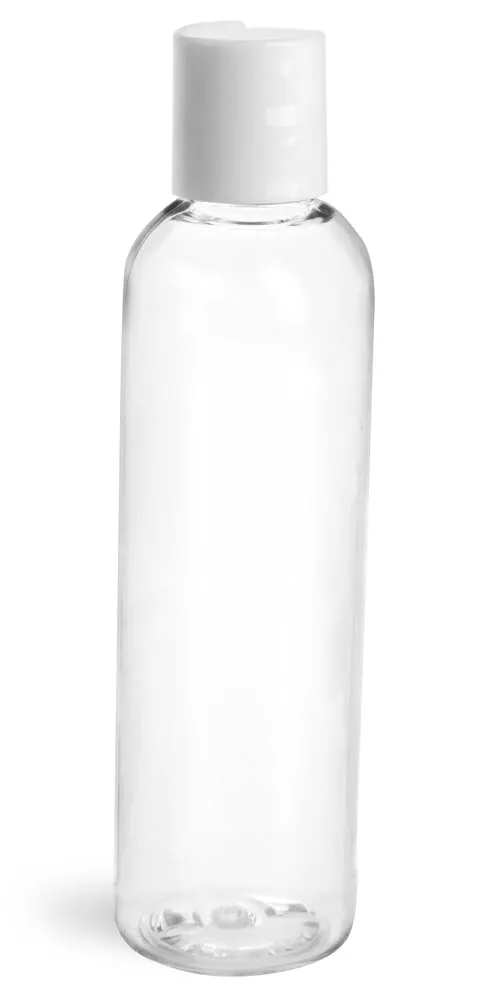 4 oz Clear PET Cosmo Round Bottles w/ Smooth White Disc Top Caps