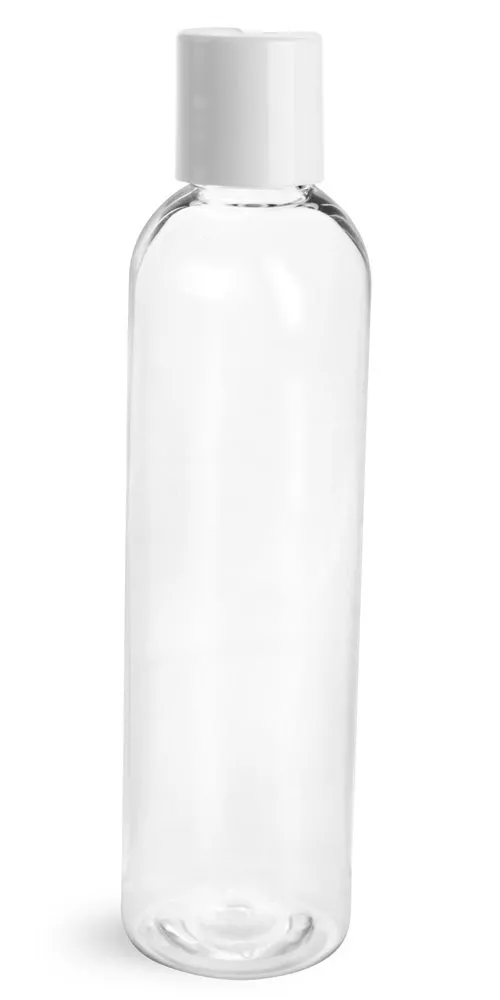 8 oz Clear PET Cosmo Round Bottles w/ Smooth White Disc Top Caps