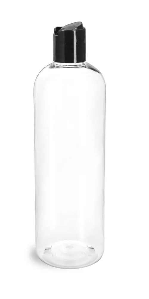 16 oz Clear PET Cosmo Round Bottles w/ Smooth Black Disc Top Caps