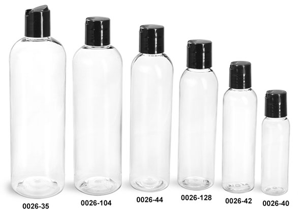 Plastic Bottles, Clear PET Cosmo Round Bottles With Smooth Black Disc Top Caps