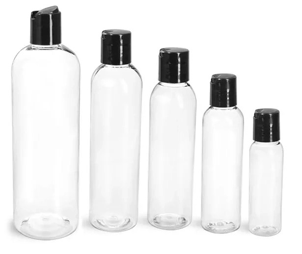 PET  Clear Cosmo Round Bottles w/ Smooth Black Disc Top Caps