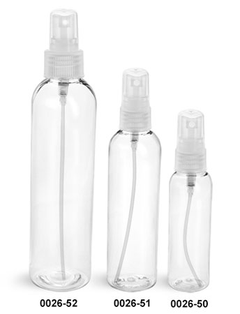 Plastic Bottles, Clear PET Cosmo Round Bottles w/ Natural Fine Mist Sprayers
