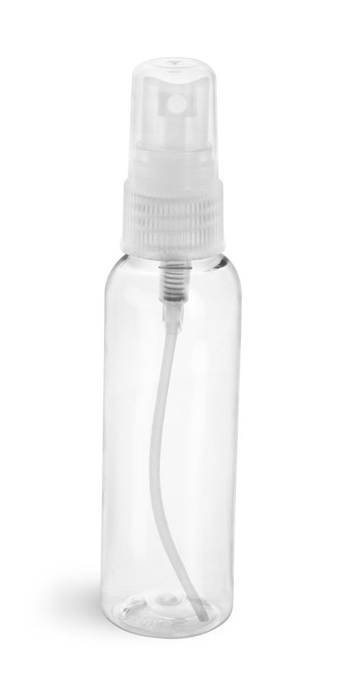 2 oz Clear PET Cosmo Round Bottles w/ Natural Fine Mist Sprayers