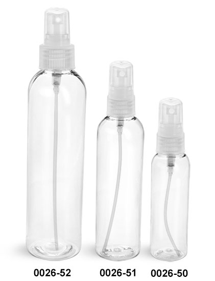 Plastic Bottles, Clear PET Cosmo Round Bottles w/ Natural Fine Mist Sprayers